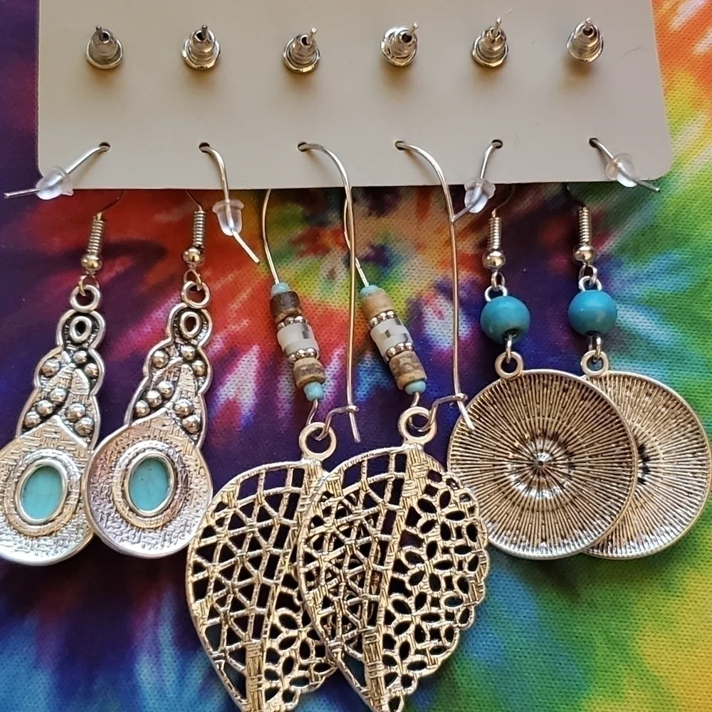 Nwt Silver Turquoise Boho Drop Dangle Earrings Stud Earrings Set of 6 - Picture 5 of 5